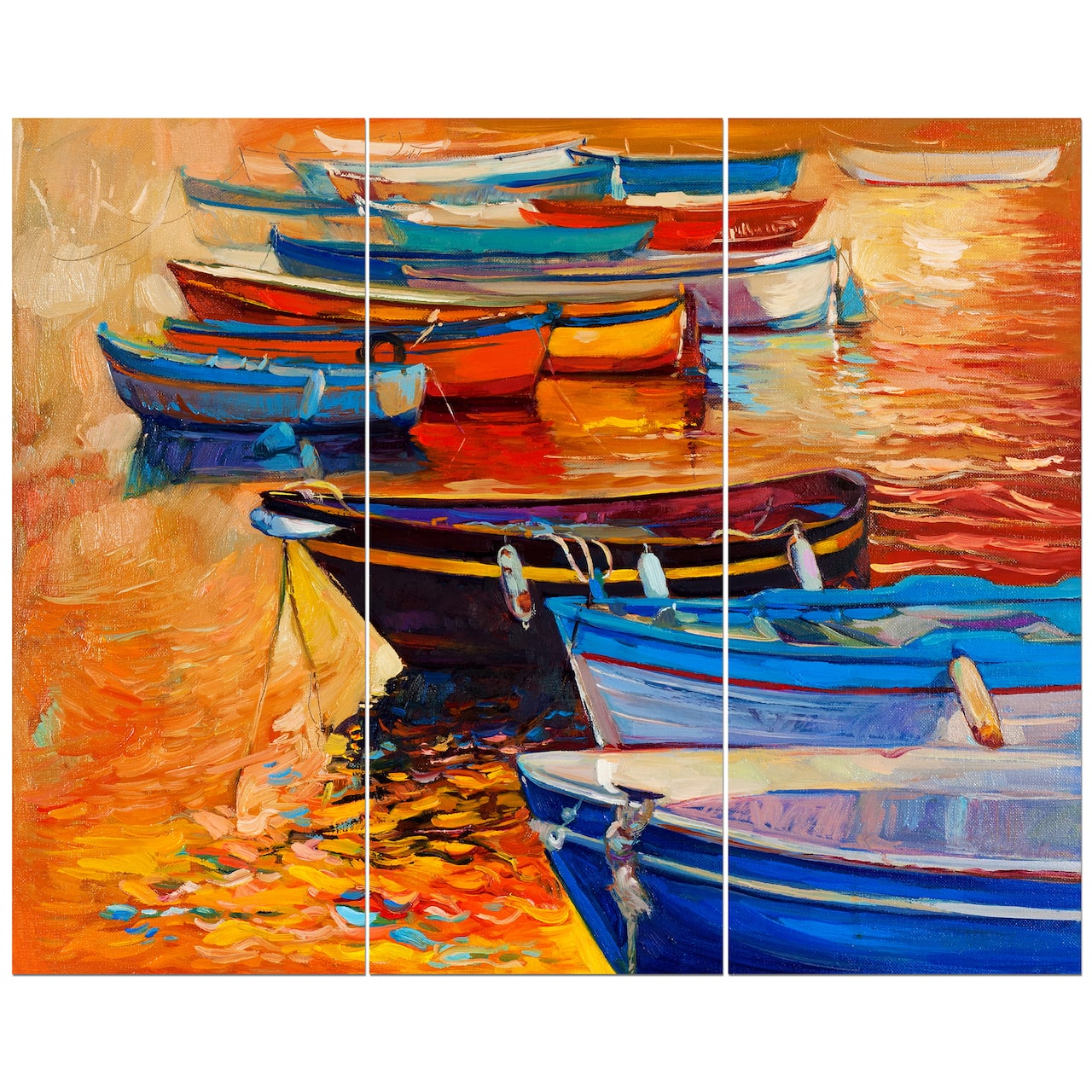 Designart - Wooden Boats in Calm Water - Nautical Painting Print on Wrapped Canvas set